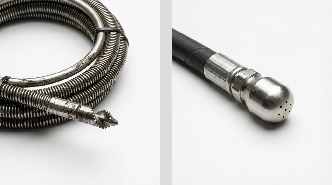 Drain snake cable and hydro jetting nozzle used for drain cleaning in Collinsville, CT