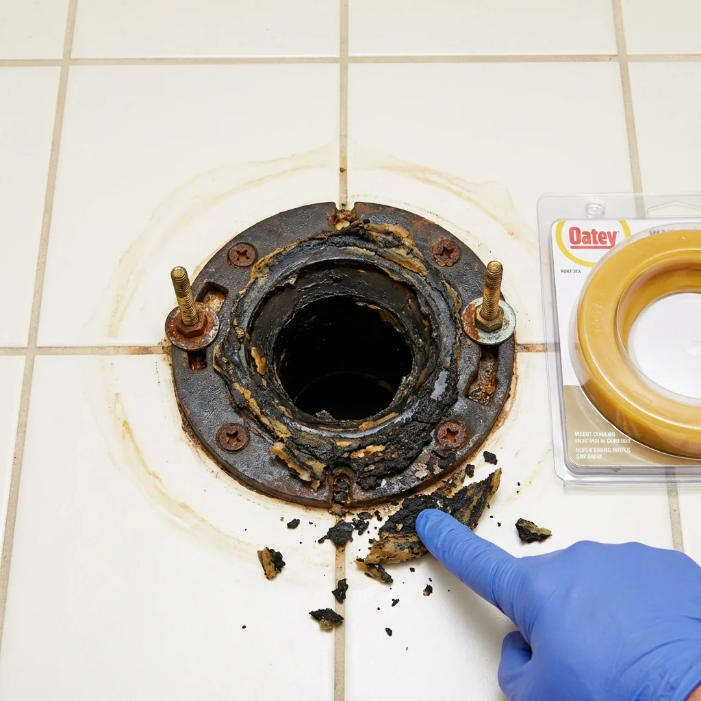 Failed wax ring showing water seepage at the base of a toilet in a Collinsville, CT home