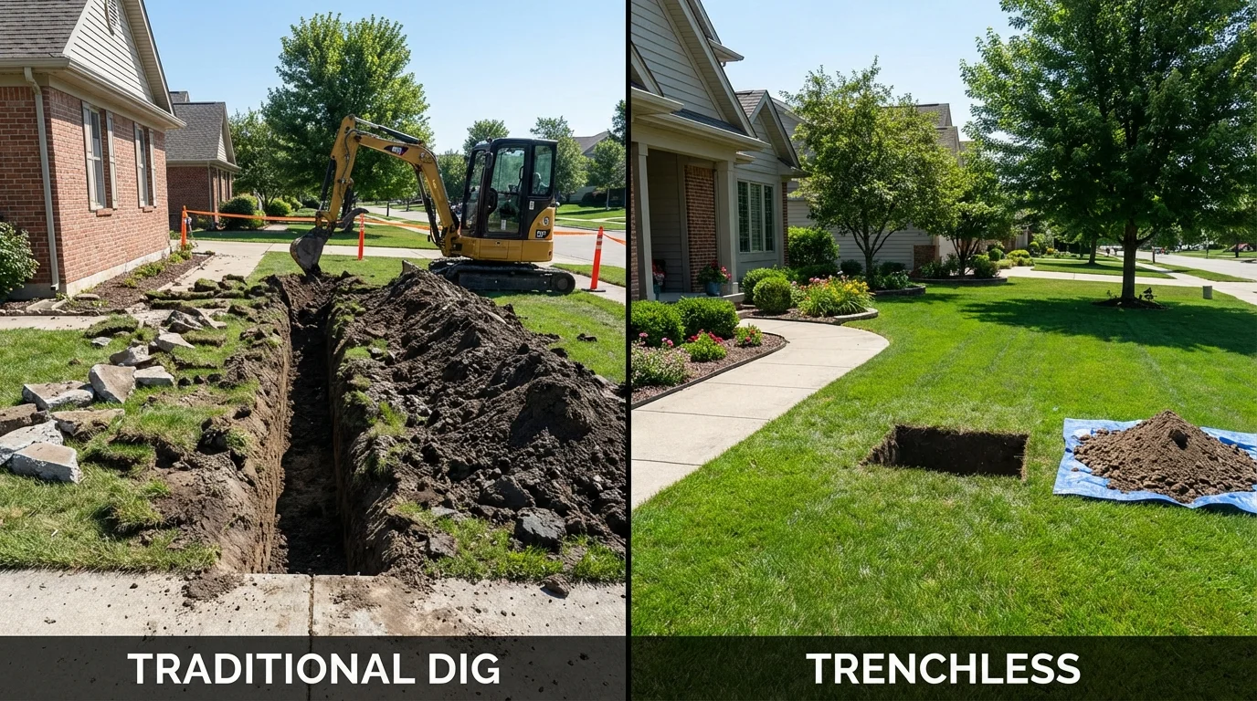 Trenchless sewer repair with minimal yard damage versus traditional excavation in Collinsville, CT
