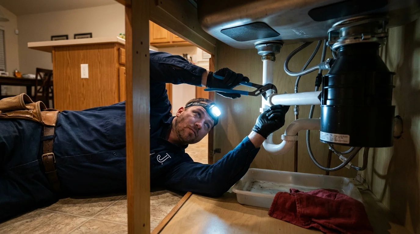 P-trap and supply line connections under a kitchen sink showing a common leak point in Collinsville, CT